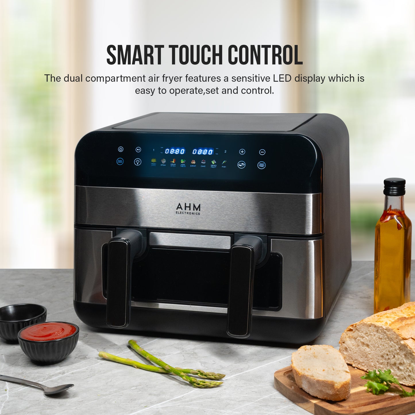 AHM Electronics Air Fryer - 10L Multi Basket with Dual Cook, 3 in 1 Basket Combination, 8 Cooking Presets