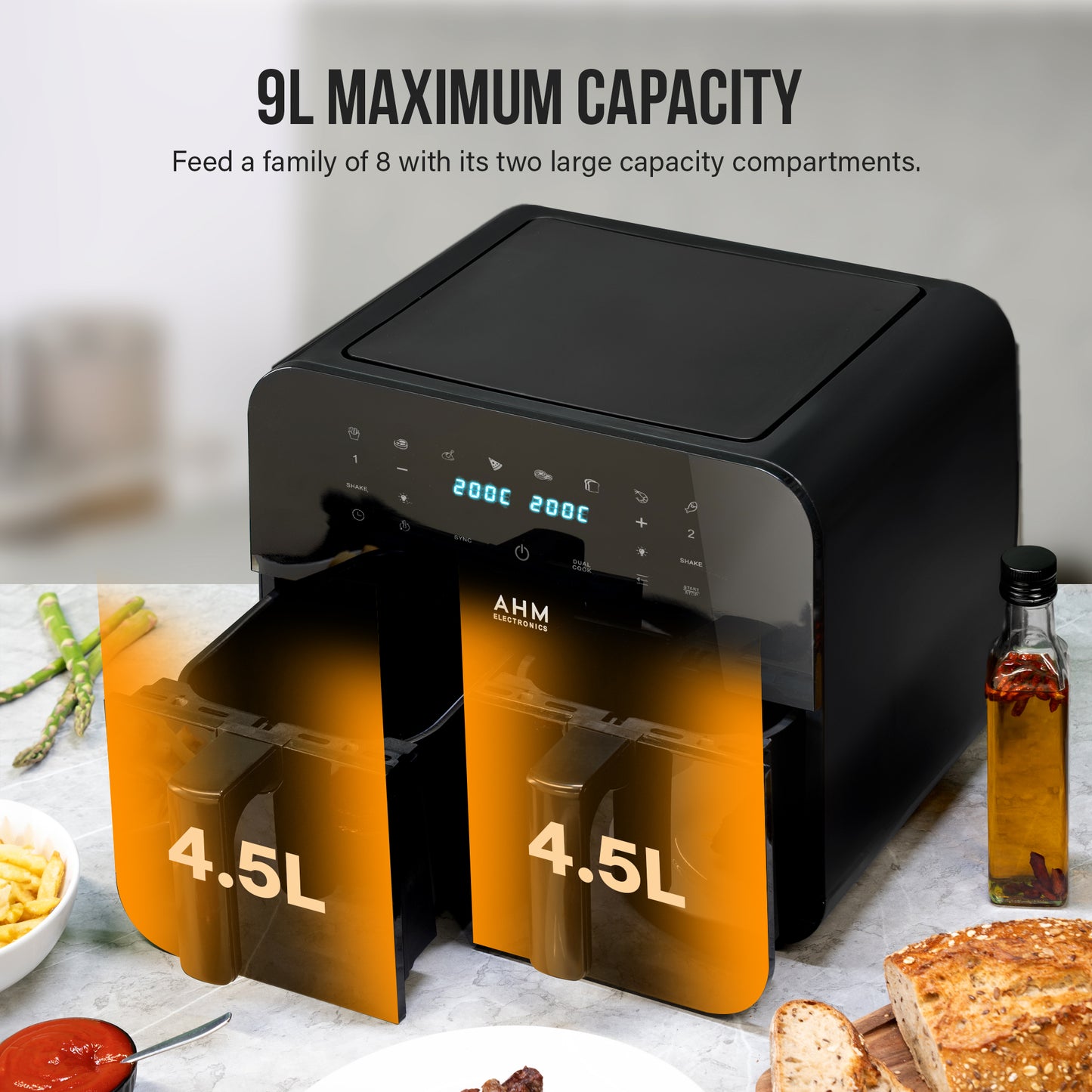Dual Basket Air Fryer with Visual Windows, 9L Cooking Capacity