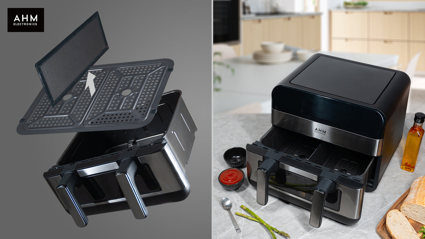 AHM Electronics Air Fryer - 10L Multi Basket with Dual Cook, 3 in 1 Basket Combination, 8 Cooking Presets