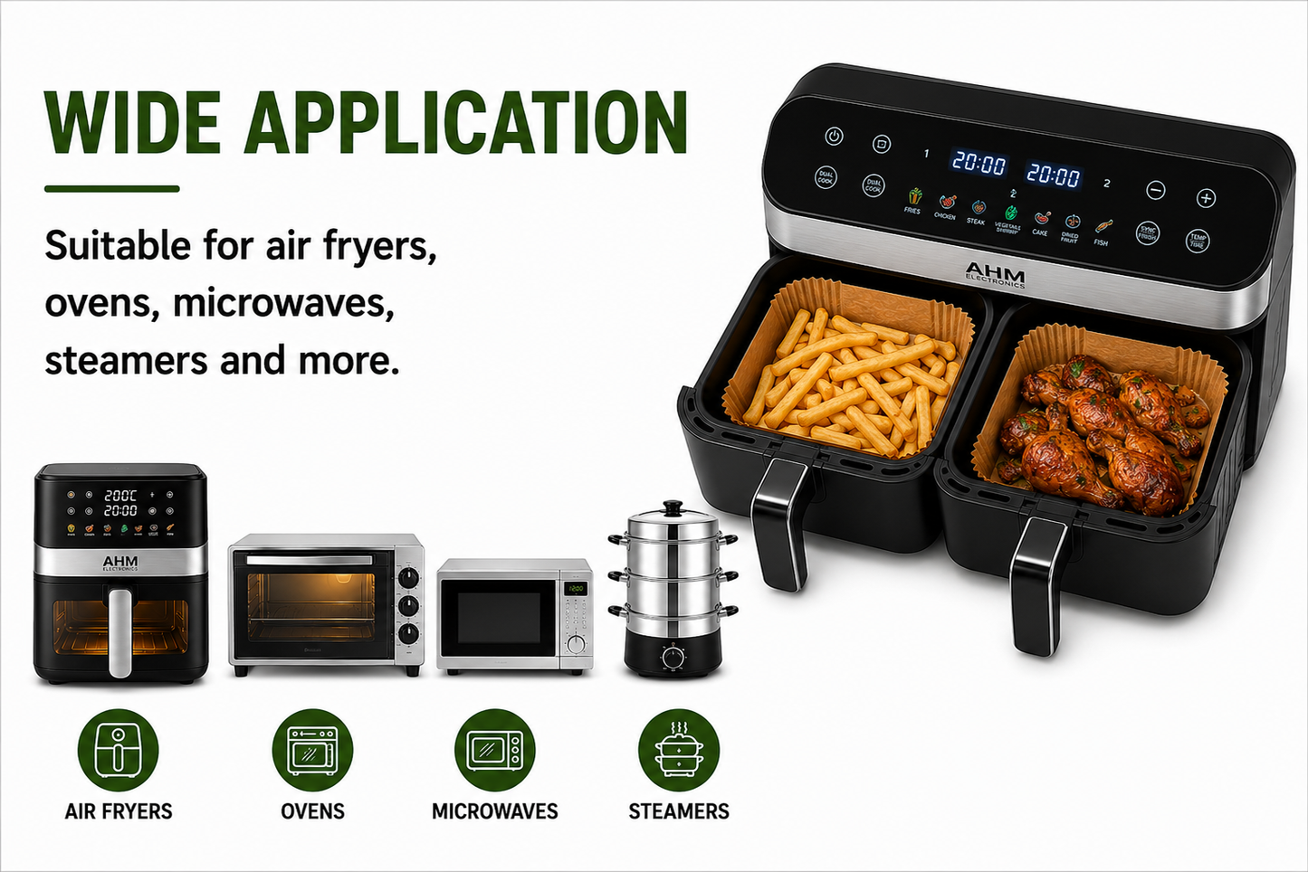 AHM ELECTRONICS 100-Pack Air Fryer Liners 100% Food-Grade Parchment Paper Rectangular 24cm x 14cm Non-Stick Waterproof Disposable for Ninja Dual Zone & Many Other Air Fryers Cookware - Bakeware UK Seller - Square