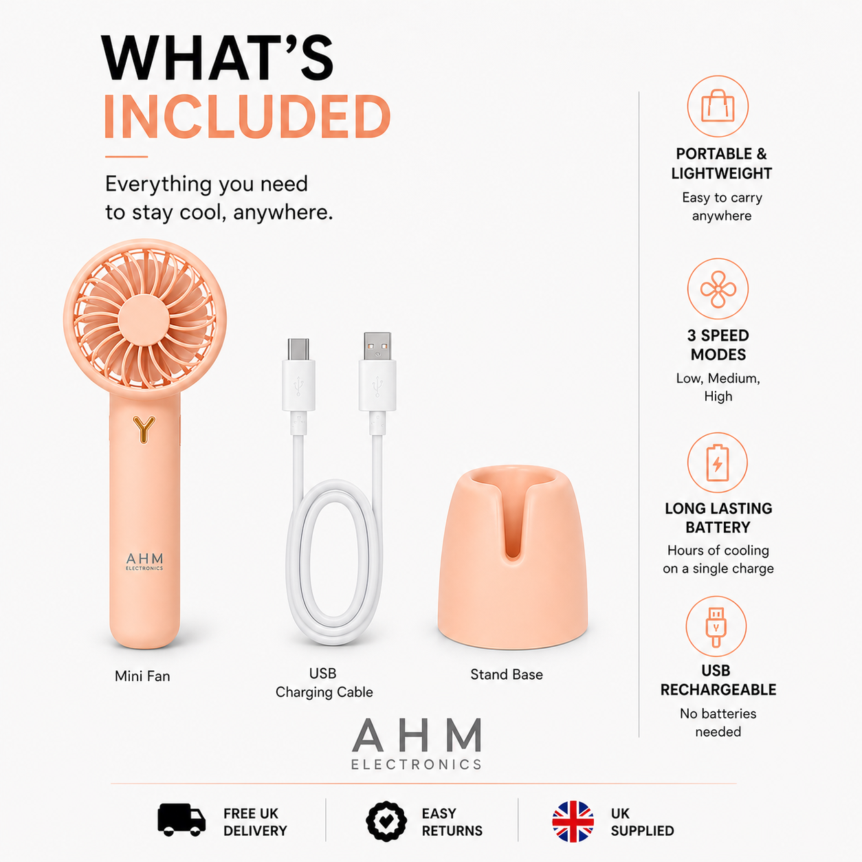AHM Electronics Rechargeable Handheld Mini Fan with Stand