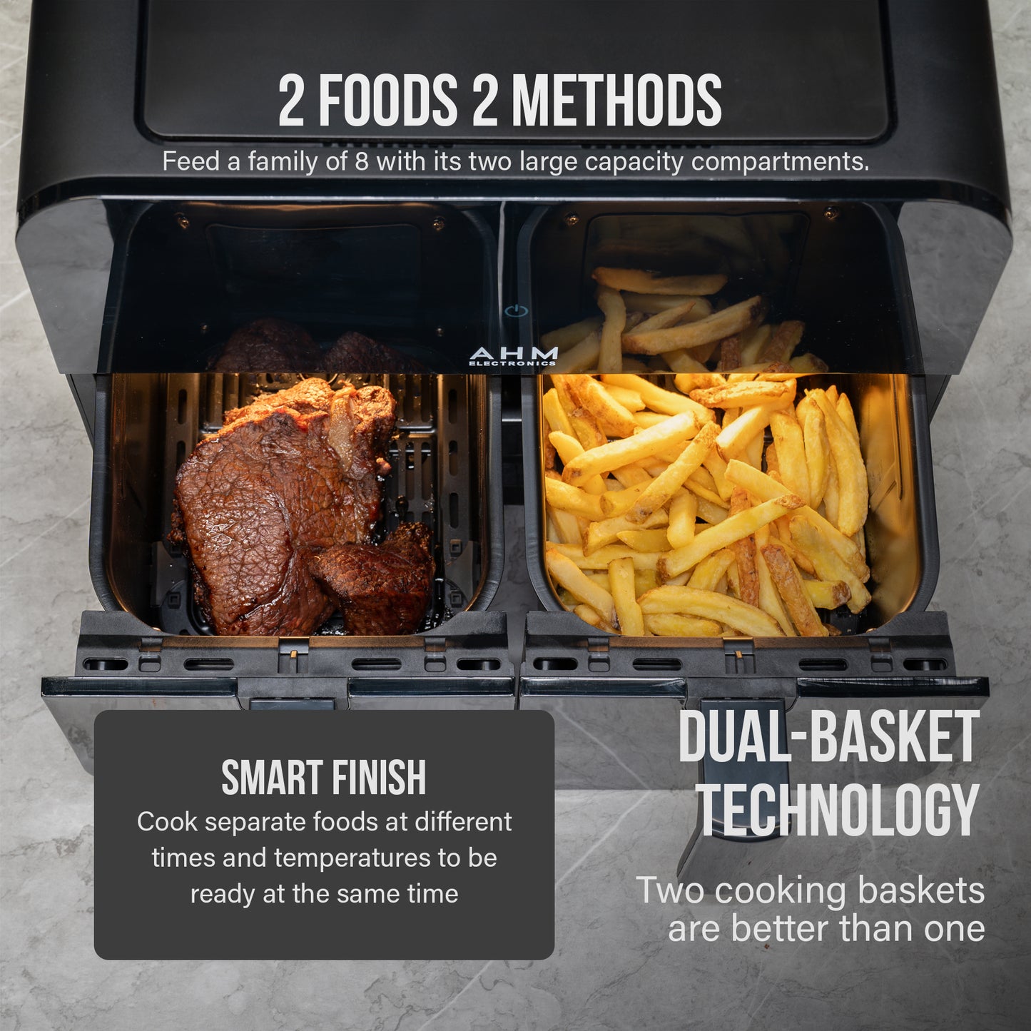 Dual Basket Air Fryer with Visual Windows, 9L Cooking Capacity, 8 Presets, Smart Finish, Smart Touch Control & Shake Function - With 50 pieces of air fryer paper liners included.