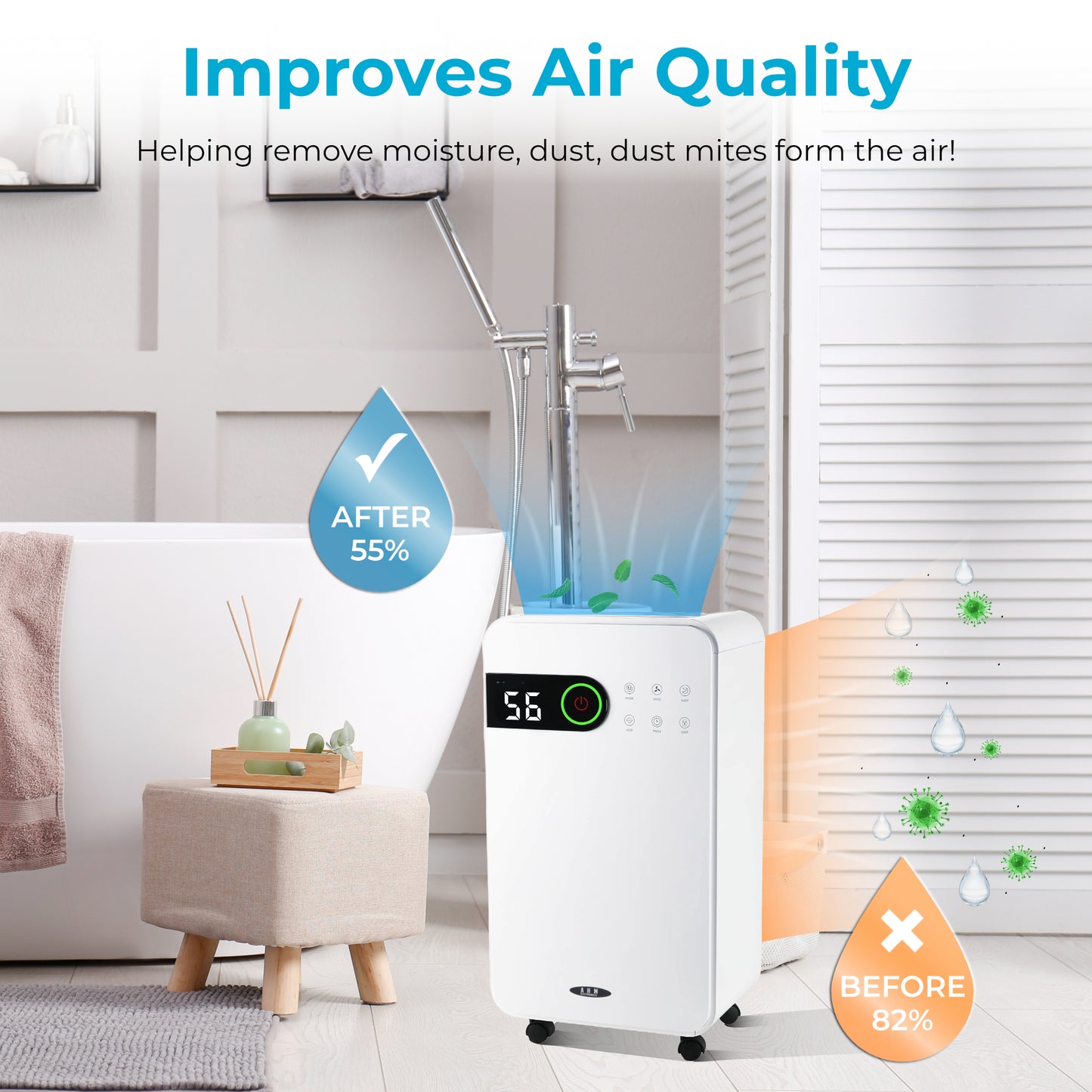 AHM Electronics Dehumidifier 12L/Day with Digital Humidity Display, Continuous Drainage, 2L Water Tank, 24-Hour Timer, Sleep Mode, Laundry Mode, Child Lock, For Damp, Condensation & Drying Laundry