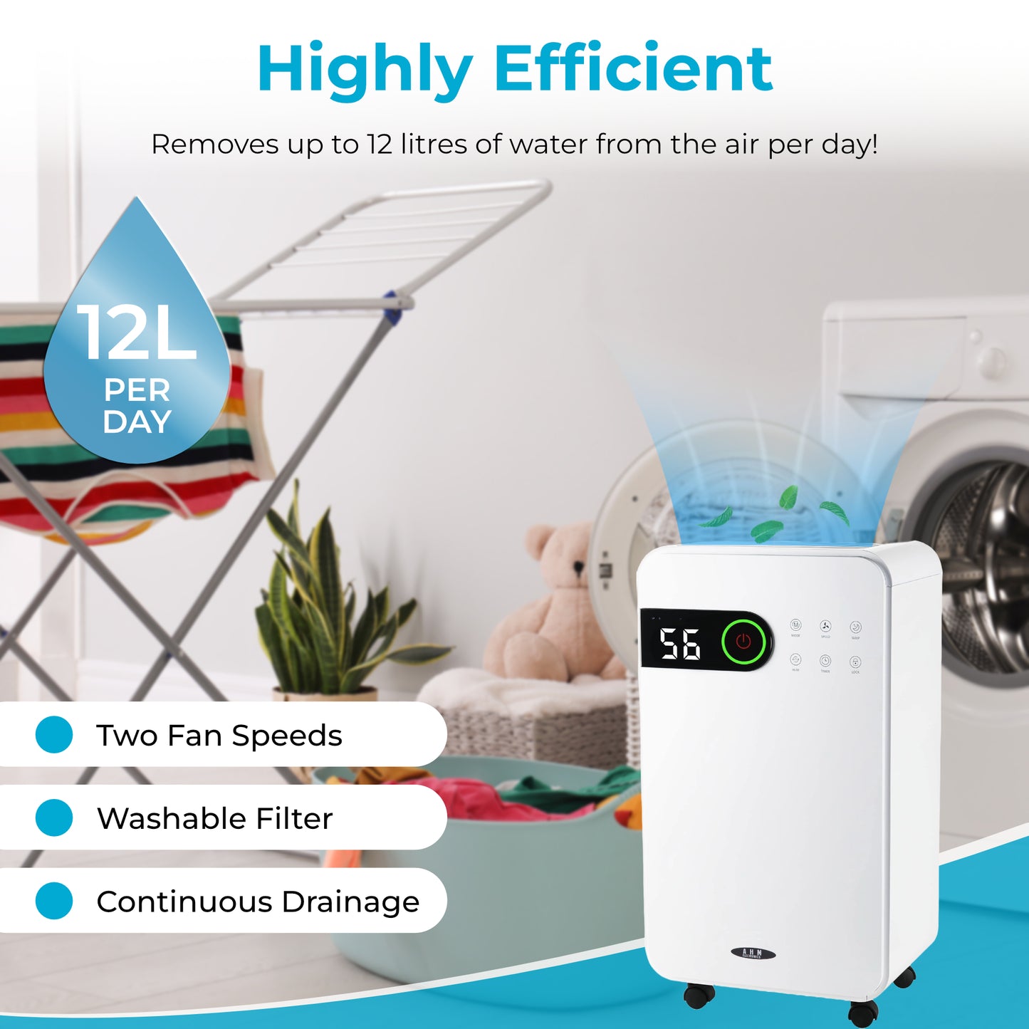 AHM Electronics Dehumidifier 12L/Day with Digital Humidity Display, Continuous Drainage, 2L Water Tank, 24-Hour Timer, Sleep Mode, Laundry Mode, Child Lock, For Damp, Condensation & Drying Laundry