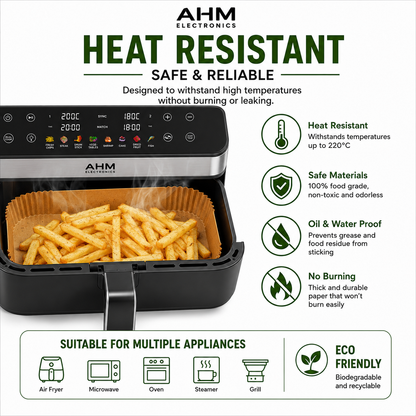 AHM ELECTRONICS 100-Pack Air Fryer Liners 100% Food-Grade Parchment Paper Rectangular 24cm x 14cm Non-Stick Waterproof Disposable for Ninja Dual Zone & Many Other Air Fryers Cookware - Bakeware UK Seller - Square