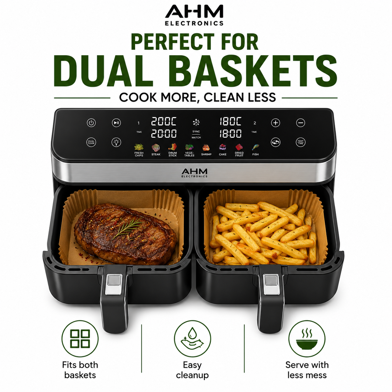 AHM ELECTRONICS 100-Pack Air Fryer Liners 100% Food-Grade Parchment Paper Rectangular 24cm x 14cm Non-Stick Waterproof Disposable for Ninja Dual Zone & Many Other Air Fryers Cookware - Bakeware UK Seller - Square