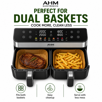 AHM ELECTRONICS 100-Pack Air Fryer Liners 100% Food-Grade Parchment Paper Rectangular 24cm x 14cm Non-Stick Waterproof Disposable for Ninja Dual Zone & Many Other Air Fryers Cookware - Bakeware UK Seller - Square