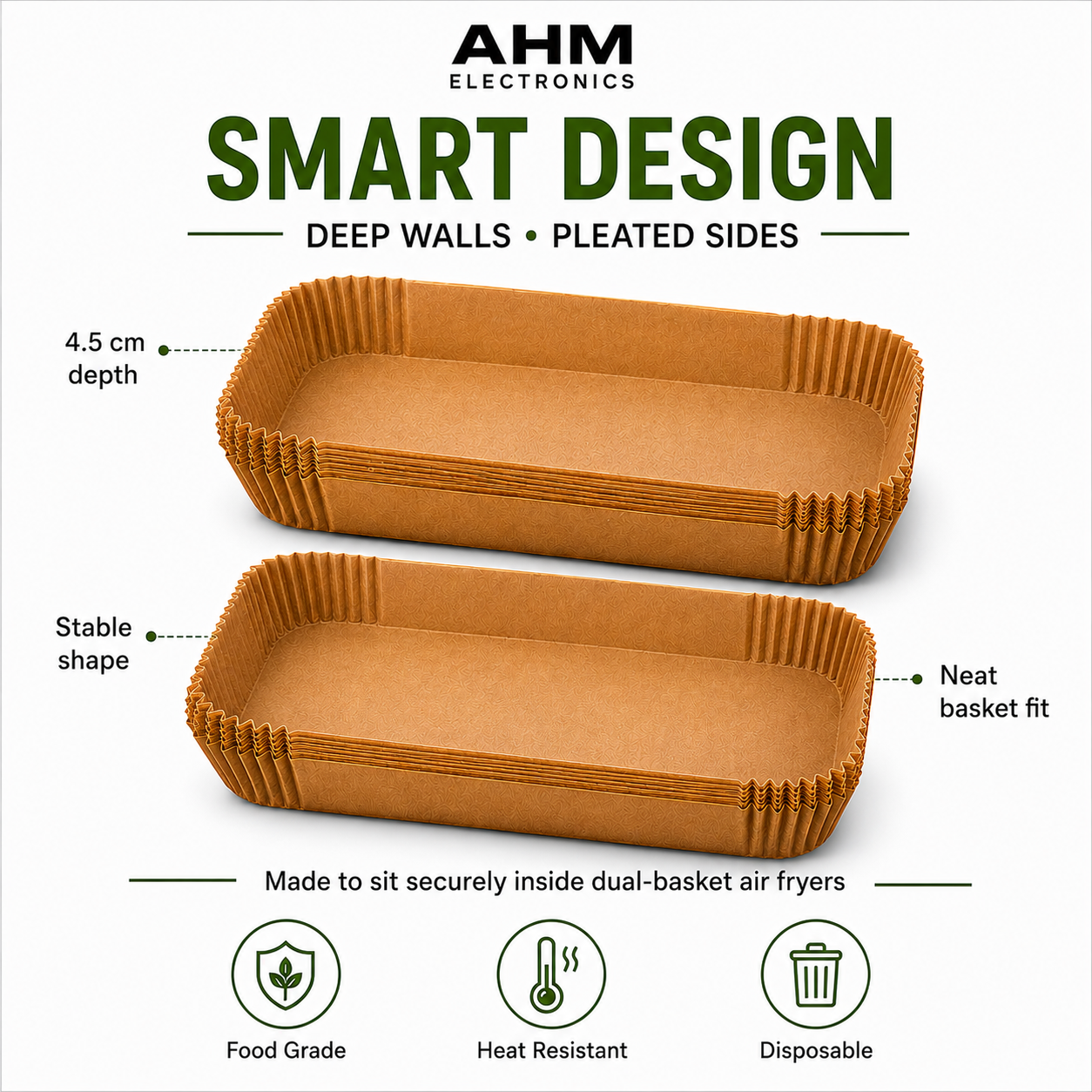 AHM ELECTRONICS 100-Pack Air Fryer Liners 100% Food-Grade Parchment Paper Rectangular 24cm x 14cm Non-Stick Waterproof Disposable for Ninja Dual Zone & Many Other Air Fryers Cookware - Bakeware UK Seller - Square