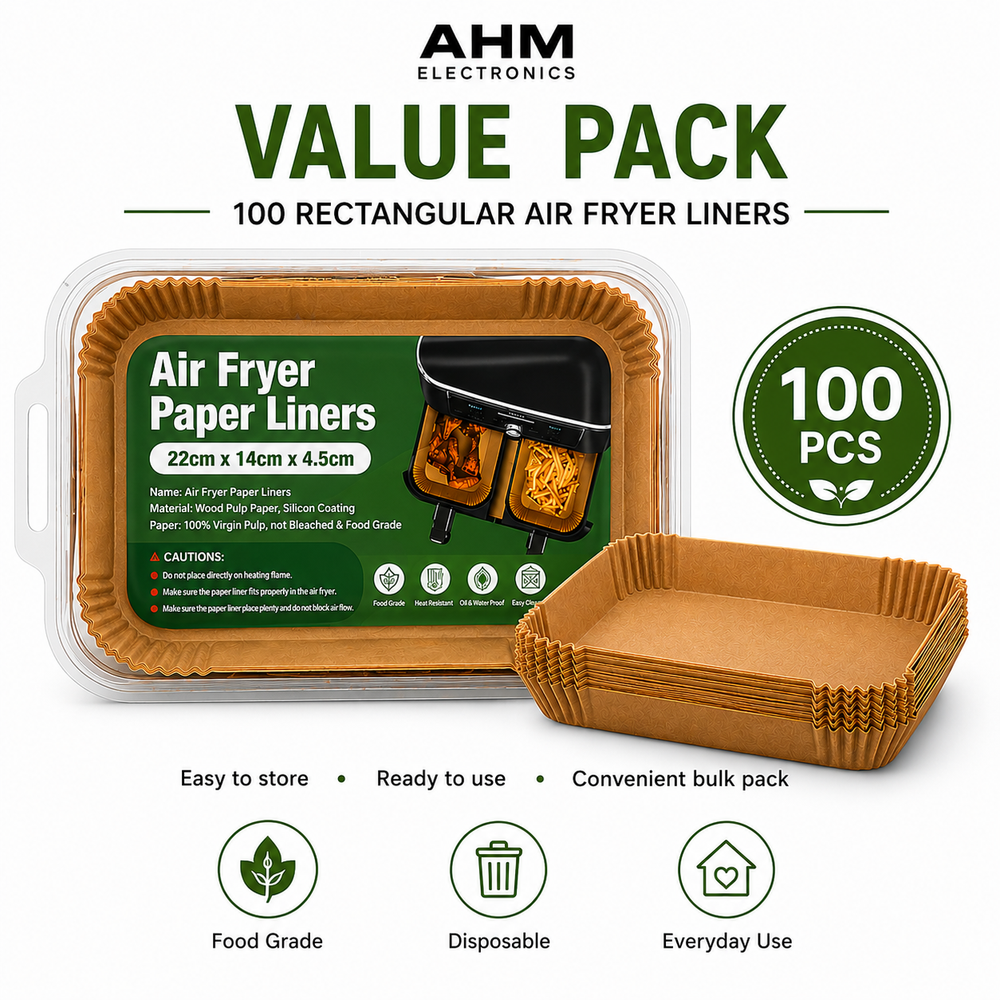 AHM ELECTRONICS 100-Pack Air Fryer Liners 100% Food-Grade Parchment Paper Rectangular 24cm x 14cm Non-Stick Waterproof Disposable for Ninja Dual Zone & Many Other Air Fryers Cookware - Bakeware UK Seller