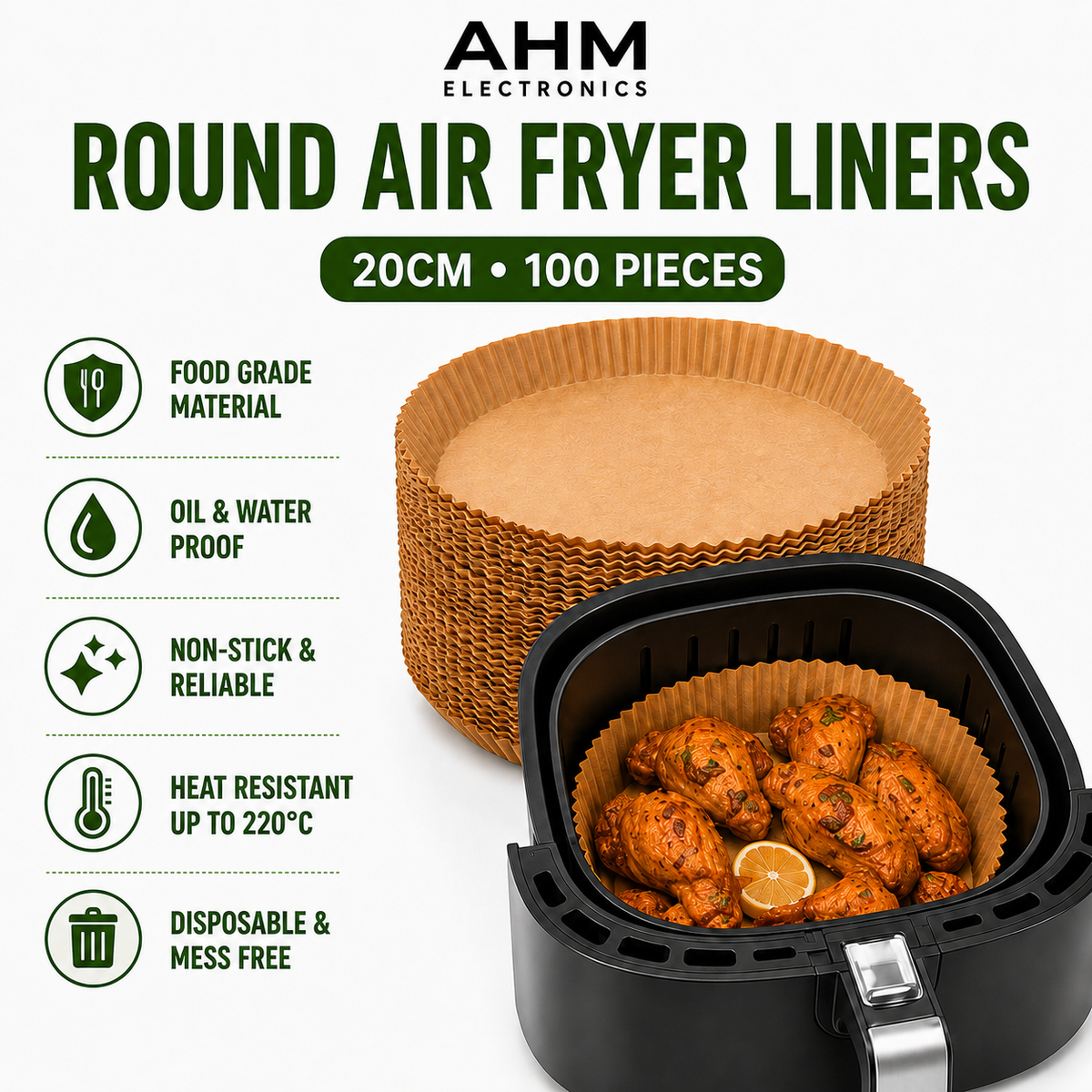 AHM Electronics – Premium Round 20cm Air Fryer Liners (100-Pack)