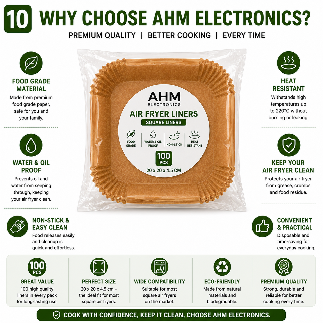 AHM Electronics 20cm Square Air Fryer Liners | 100 Pack