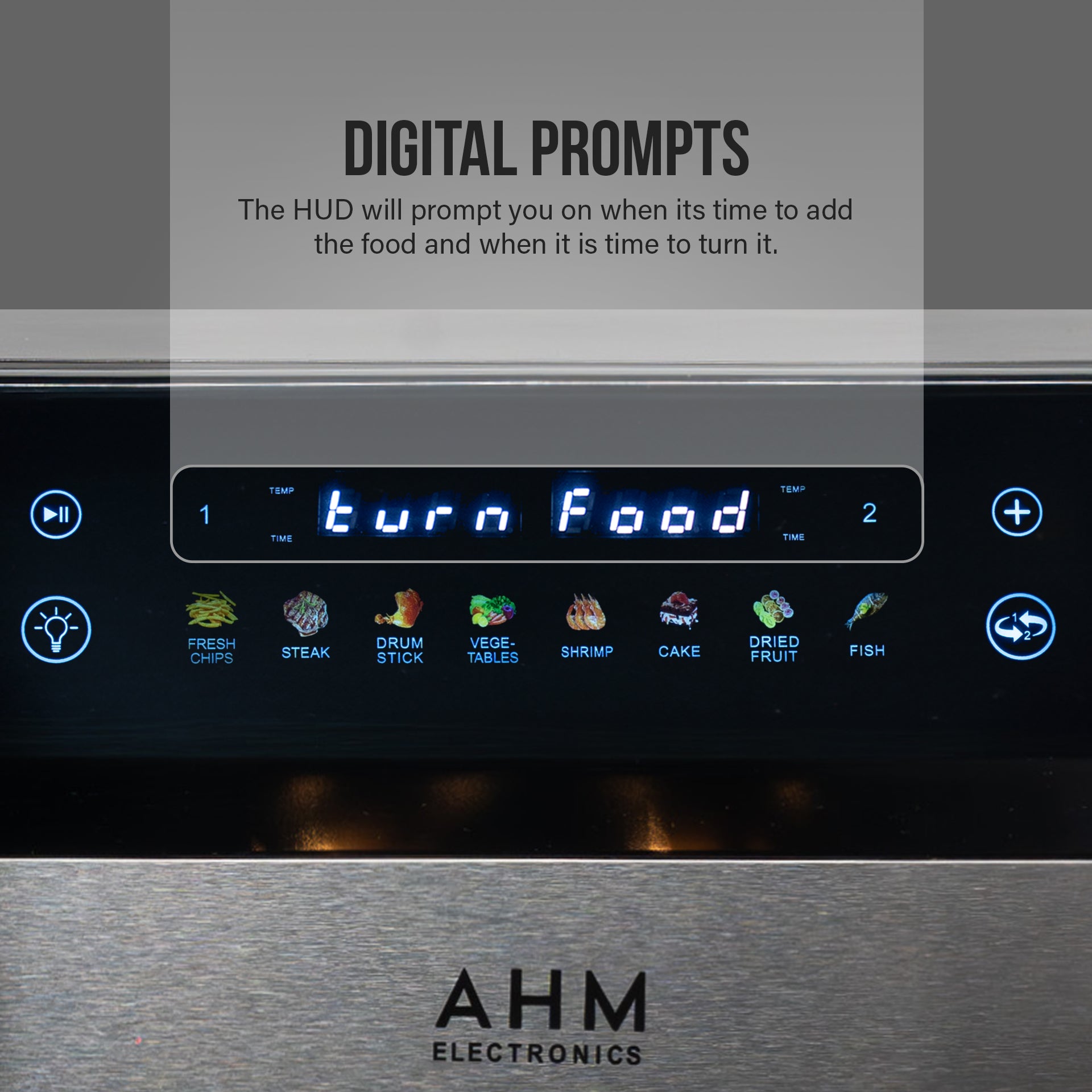 AHM Electronics 10L dual zone air fryer showing the digital turn food reminder