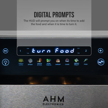 AHM Electronics 10L dual zone air fryer showing the digital turn food reminder