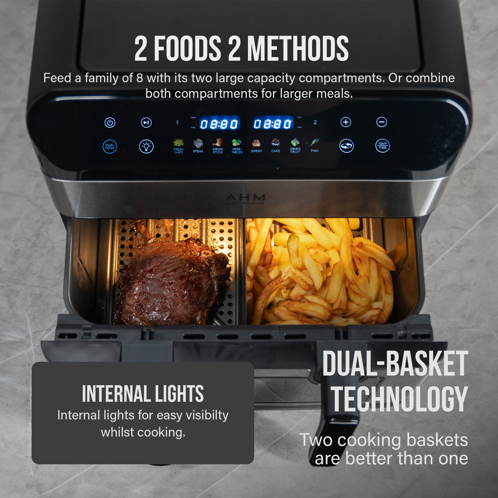 AHM Electronics 10L dual zone air fryer cooking steak and chips with internal lights