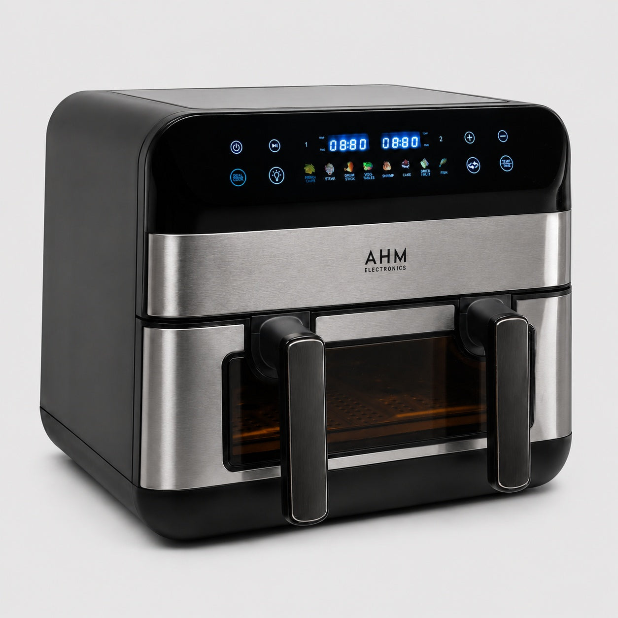AHM Electronics 10L dual zone air fryer, angled front view