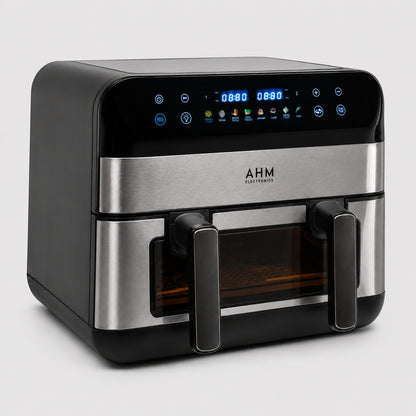 AHM Electronics 10L dual zone air fryer, angled front view