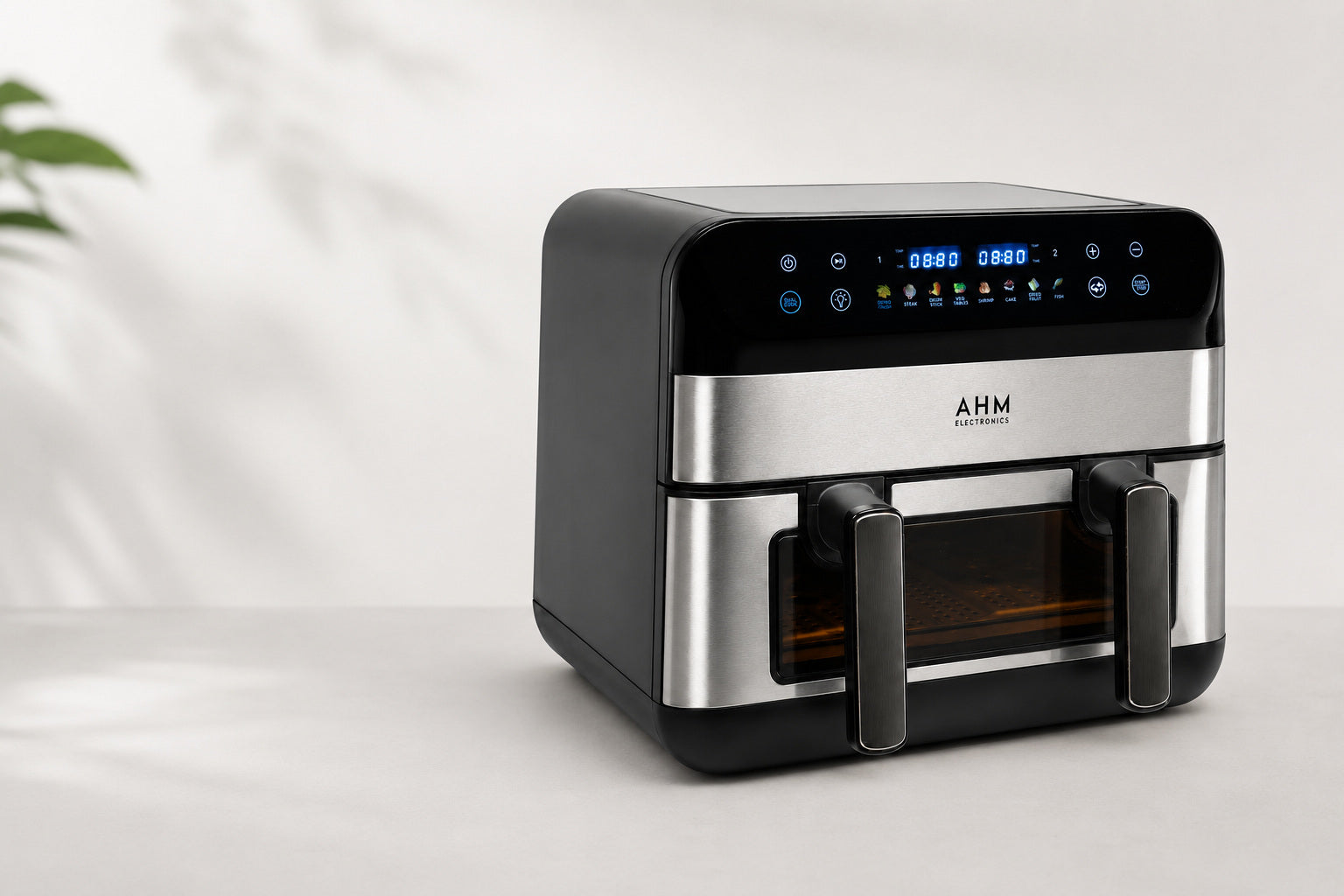 AHM Electronics 10L multi-basket air fryer in black and brushed silver