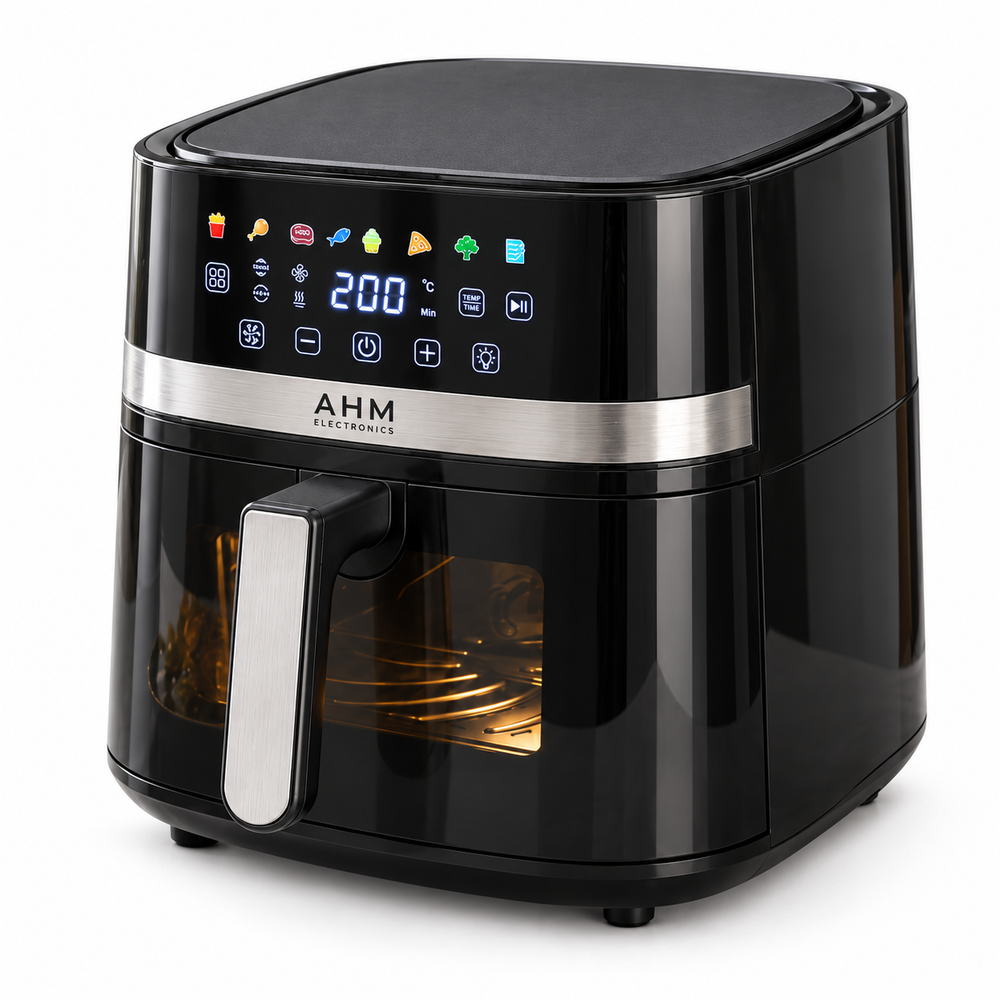 AHM Electronics AHM-6LB 6L digital air fryer with viewing window, black body and silver trim, three-quarter view on white