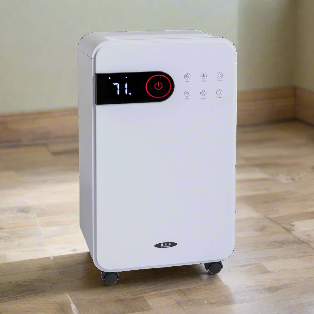 AHM Electronics Dehumidifier 12L/Day with Digital Humidity Display, Continuous Drainage, 2L Water Tank, 24-Hour Timer, Sleep Mode, Laundry Mode, Child Lock, For Damp, Condensation & Drying Laundry