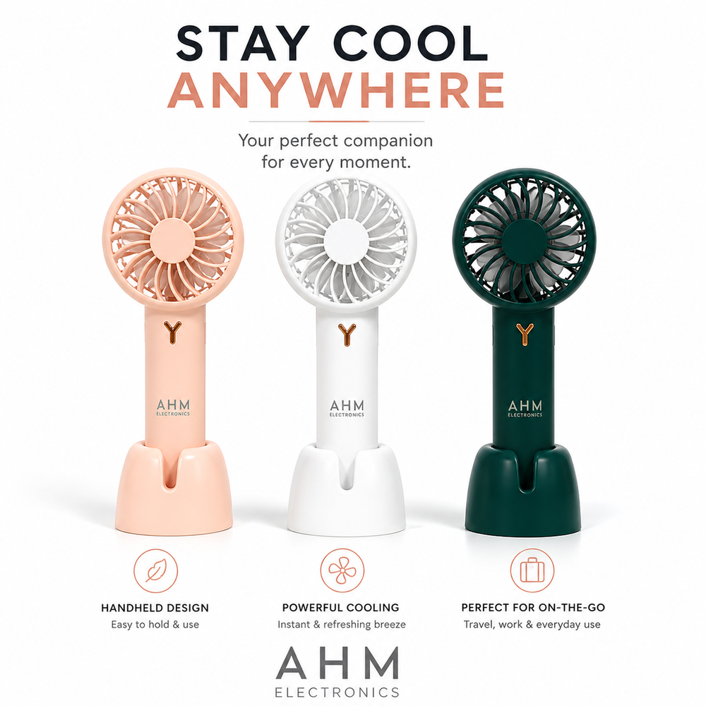 AHM Electronics Rechargeable Handheld Mini Fan with Stand