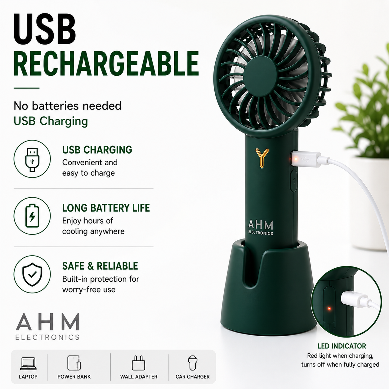 AHM Electronics Rechargeable Handheld Mini Fan with Stand