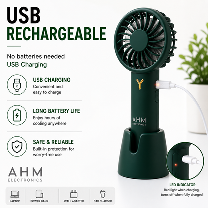 AHM Electronics Rechargeable Handheld Mini Fan with Stand