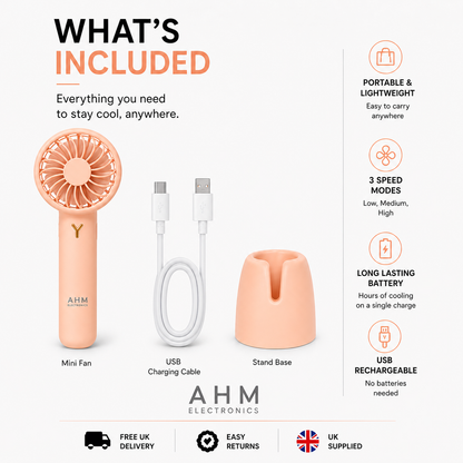 AHM Electronics Rechargeable Handheld Mini Fan with Stand