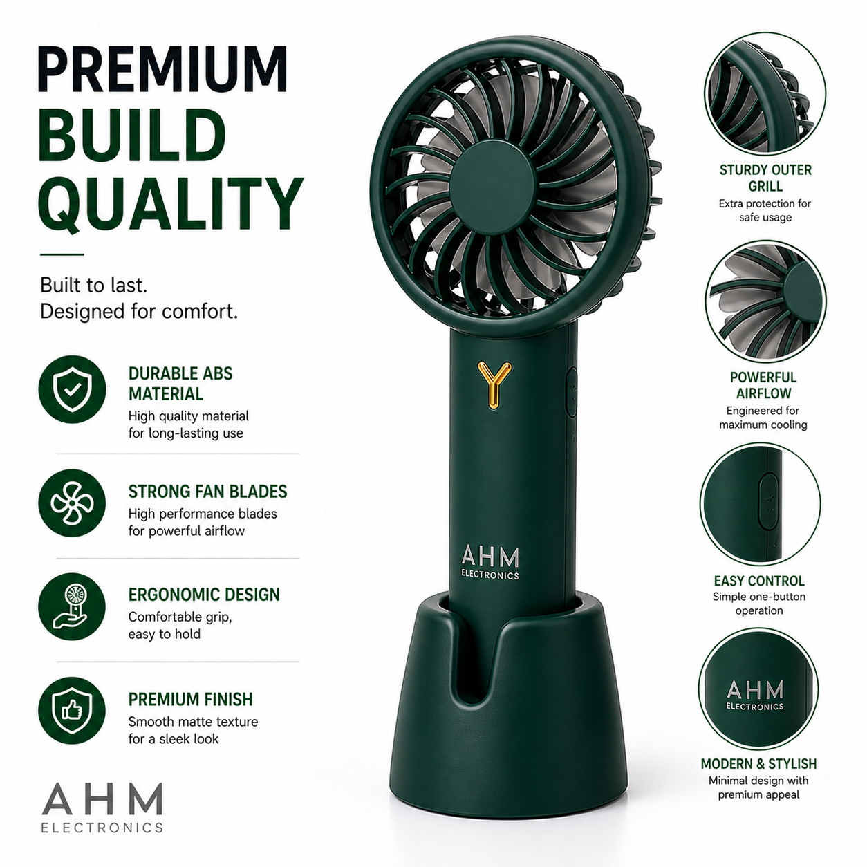 AHM Electronics Rechargeable Handheld Mini Fan with Stand