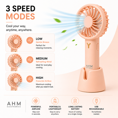 AHM Electronics Rechargeable Handheld Mini Fan with Stand