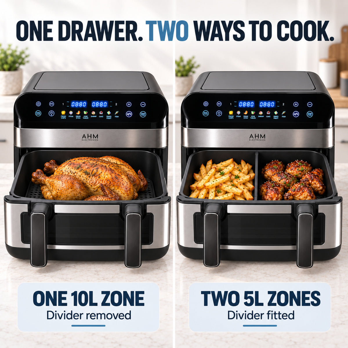 AHM Electronics Model 2 showing one 10L zone and two 5L cooking zones