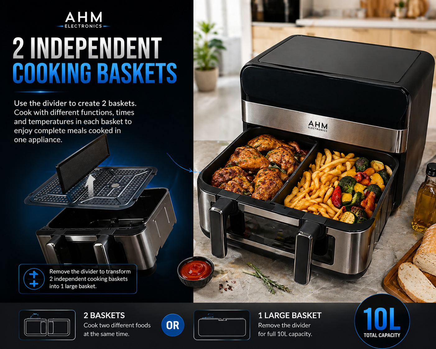 AHM Electronics Air Fryer - 10L Multi Basket with Dual Cook, 3 in 1 Basket Combination, 8 Cooking Presets