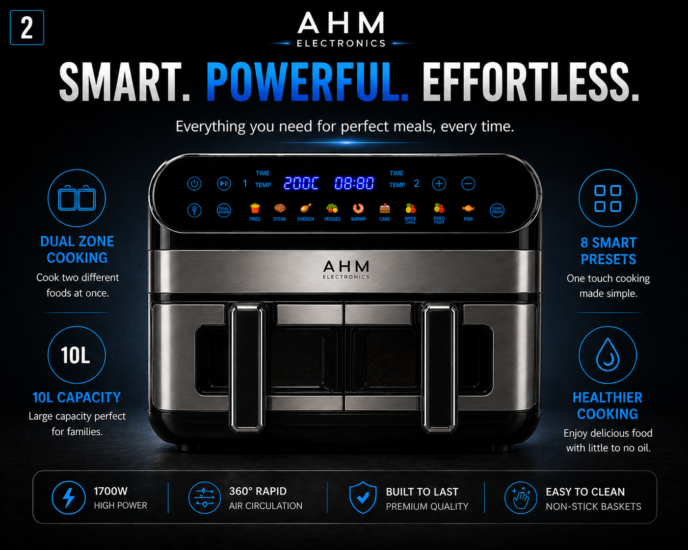 AHM Electronics Air Fryer - 10L Multi Basket with Dual Cook, 3 in 1 Basket Combination, 8 Cooking Presets
