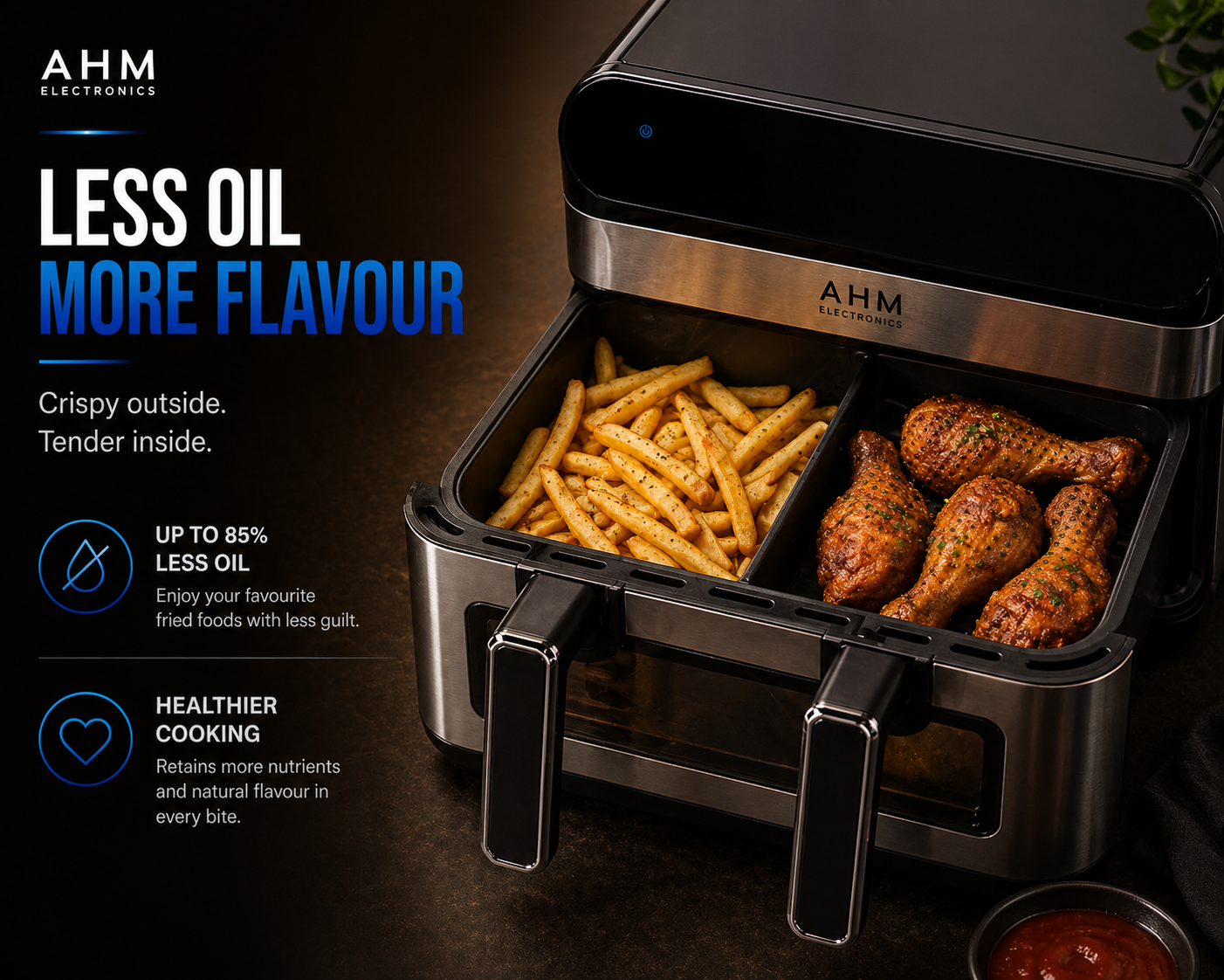 AHM Electronics Air Fryer - 10L Multi Basket with Dual Cook, 3 in 1 Basket Combination, 8 Cooking Presets