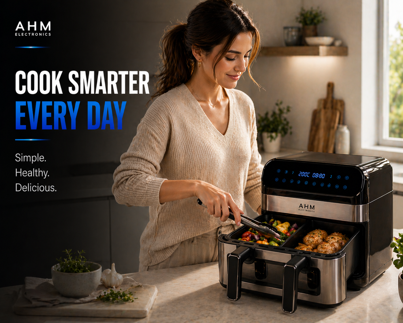 AHM Electronics Air Fryer - 10L Multi Basket with Dual Cook, 3 in 1 Basket Combination, 8 Cooking Presets