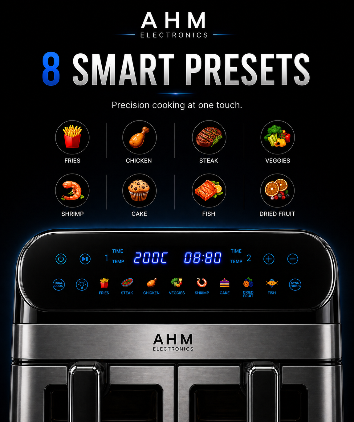 AHM Electronics Air Fryer - 10L Multi Basket with Dual Cook, 3 in 1 Basket Combination, 8 Cooking Presets