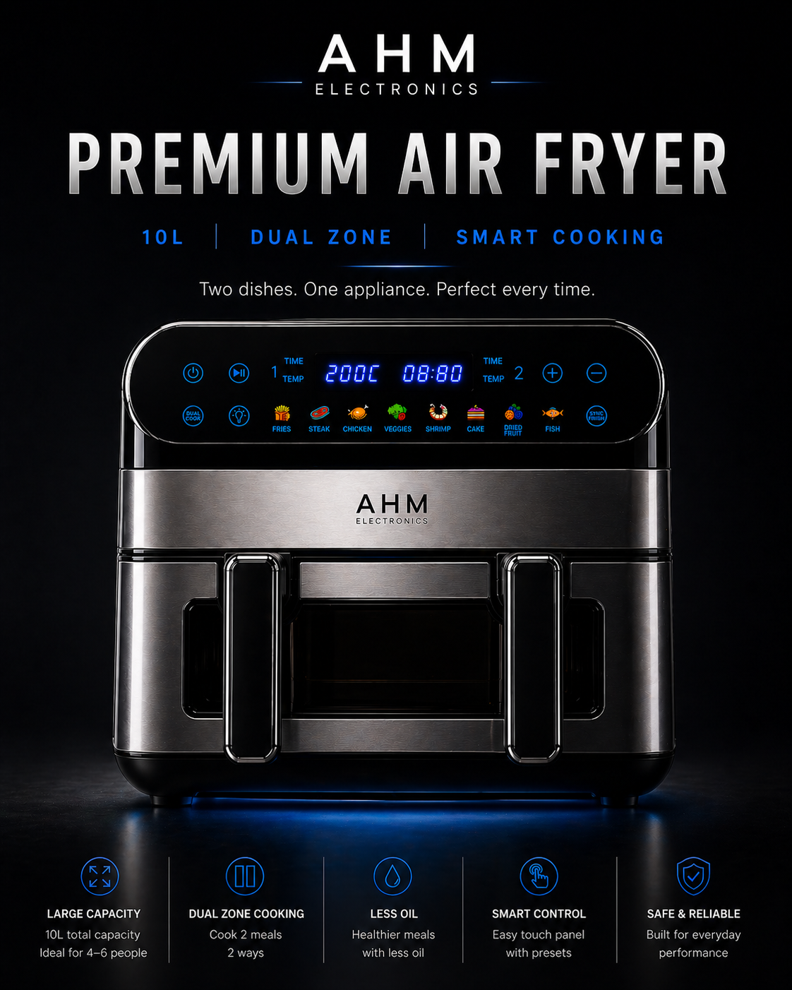 AHM Electronics Air Fryer - 10L Multi Basket with Dual Cook, 3 in 1 Basket Combination, 8 Cooking Presets