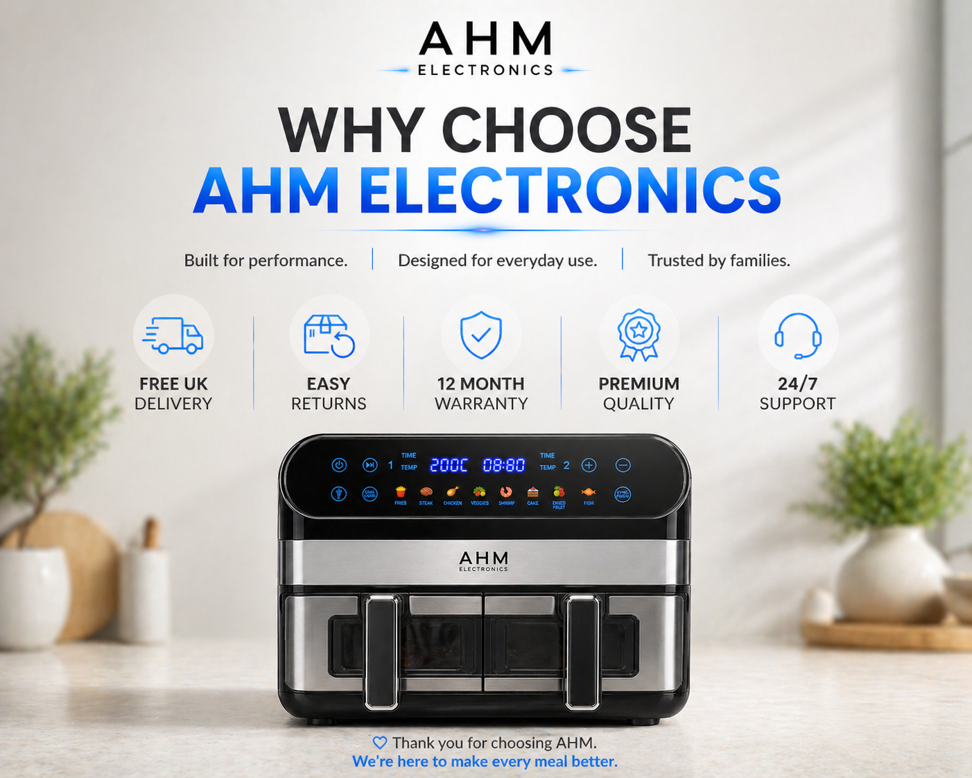 AHM Electronics Air Fryer - 10L Multi Basket with Dual Cook, 3 in 1 Basket Combination, 8 Cooking Presets