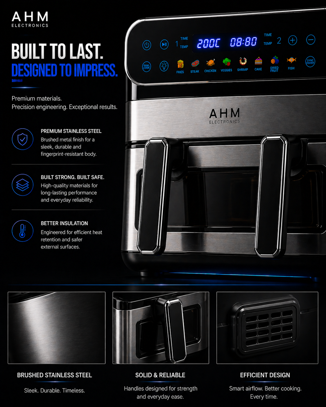 AHM Electronics Air Fryer - 10L Multi Basket with Dual Cook, 3 in 1 Basket Combination, 8 Cooking Presets